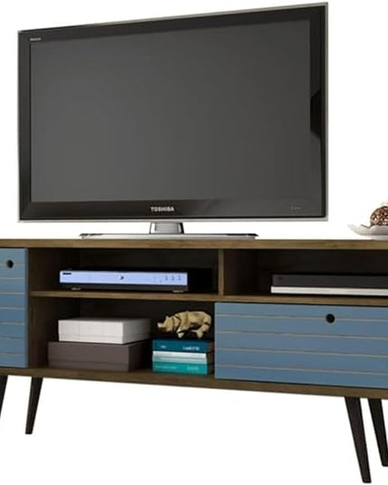 Manhattan Comfort Liberty Mid Century Modern TV Stand for Televisions up to 65 Inches, Bedroom and Living Room Entertainment Center with Storage, Shelves, and Cabinet, 71" Wide, Rustic Brown/Aqua - LeafyLoom