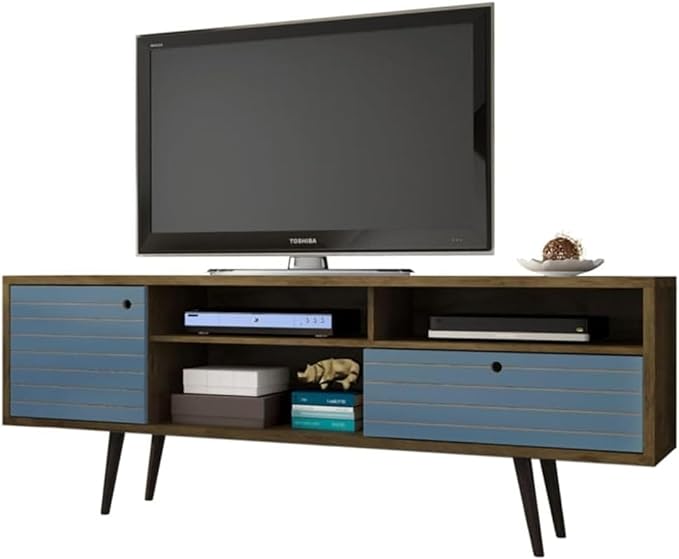 Manhattan Comfort Liberty Mid Century Modern TV Stand for Televisions up to 65 Inches, Bedroom and Living Room Entertainment Center with Storage, Shelves, and Cabinet, 71" Wide, Rustic Brown/Aqua - LeafyLoom