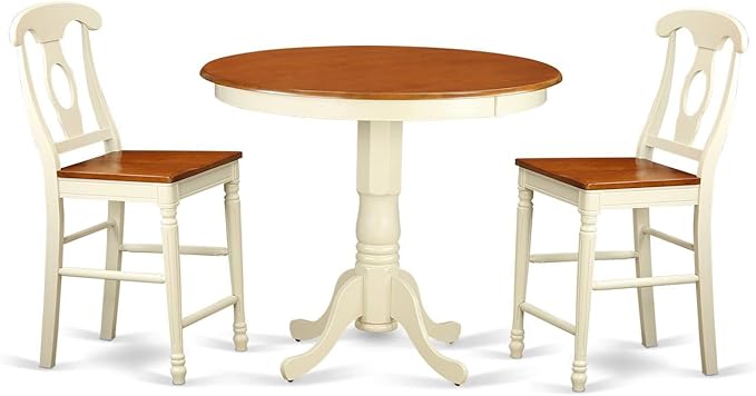East West Furniture JAKE3-WHI-W 3 Piece Counter Height Dining Set for Small Spaces Contains a Round Wooden Table with Pedestal and 2 Kitchen Chairs, 36x36 Inch, Buttermilk & Cherry - LeafyLoom
