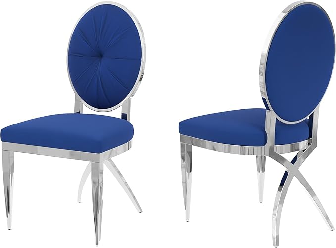 ACEDÉCOR Blue Dining Room Chairs, Blue Velvet Dining Chair with Mirrored Silver X-Shaped Stainless Steel Legs, Mid Century Modern Upholstered Dining Chairs for Dining Room, Kitchen, Living Room - LeafyLoom