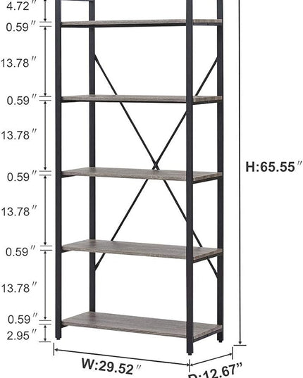 BON AUGURE Industrial Bookshelf, Etagere Bookcases and Book Shelves 5 Tier, Rustic Wood and Metal Shelving Unit (Dark Gray Oak) - LeafyLoom