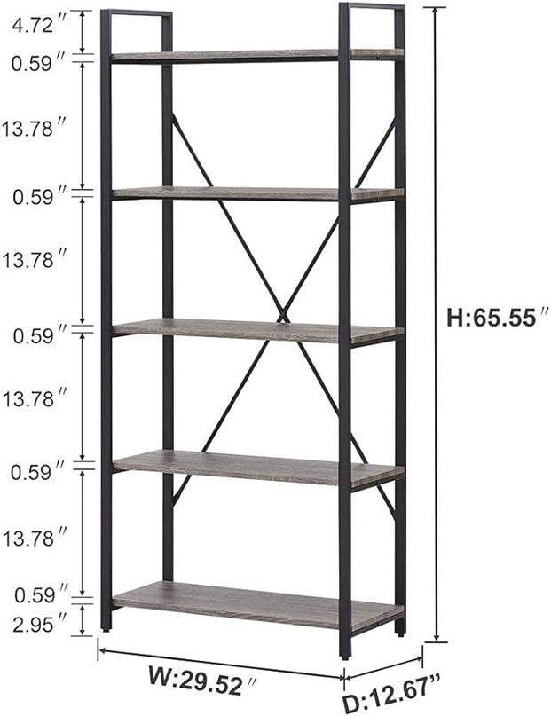 BON AUGURE Industrial Bookshelf, Etagere Bookcases and Book Shelves 5 Tier, Rustic Wood and Metal Shelving Unit (Dark Gray Oak) - LeafyLoom