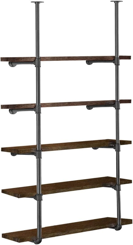 HITOMEN Industrial Iron Pipe Shelves, 2 Set 5-Tier, 70" Tall, 12" Depth, DIY Open Bookshelf Bookcase, Wall Mounted Vintage Retro Shelving, Rustic Farmhouse Pantry Kitchen Storage, Black Shelf Brackets - LeafyLoom