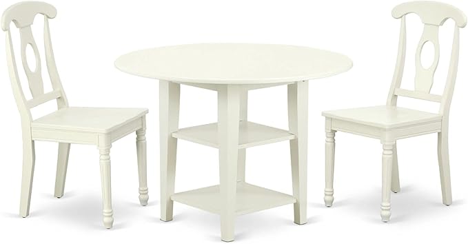 East West Furniture SUKE3-LWH-W Sudbury 3 Piece Kitchen Set for Small Spaces Contains a Round Table with Dropleaf & Shelves and 2 Dining Room Chairs, 42x42 Inch - LeafyLoom
