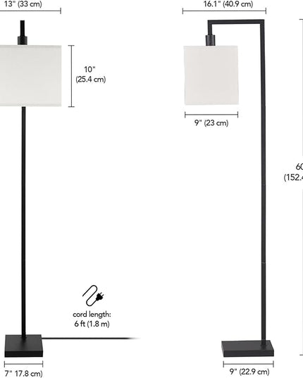 Globe Electric 61000052 60" Floor Lamp, Matte Black, Square White Fabric Shade, On/Off Rotary Switch on Socket, Square Rod, Reading Lamp, Home Office Accessories, Home Décor, Home Improvement - LeafyLoom