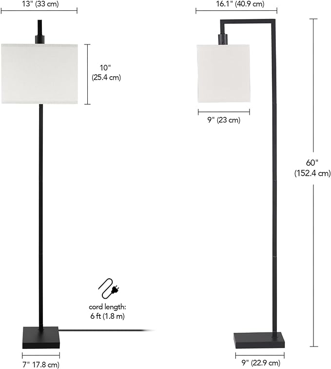 Globe Electric 61000052 60" Floor Lamp, Matte Black, Square White Fabric Shade, On/Off Rotary Switch on Socket, Square Rod, Reading Lamp, Home Office Accessories, Home Décor, Home Improvement - LeafyLoom