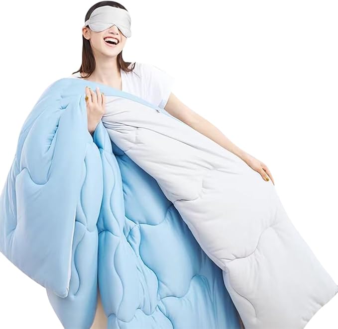 COTTEBED Reversible Blue and Light Gray Bed Comforter Queen Sets, Jersey Knit T-Shirt Feel Ultra-Soft Lightweight Breathable Cozy Bedding Down Quilt Blanket & 2 Pillowsham All Season Use (Full/Queen) - LeafyLoom