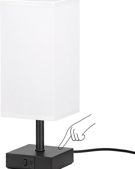 Ambimall White Table Lamp with USB Ports - 3 Way Touch Lamps Beside Desk, Nightstand Lamp for Bedrooms Living Room, White Shade with Black Base, LED Bulb Included(White) - LeafyLoom