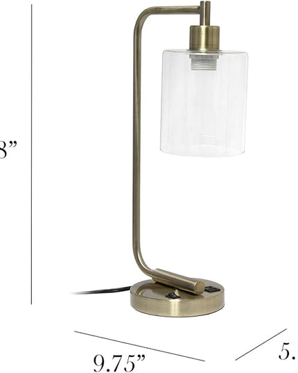 Simple Designs LD1066-BLK Bronson Antique Style Industrial Iron Lantern Desk Bedside Table Lamp with Dual 2 USB Charging Ports and Glass Shade, Black - LeafyLoom