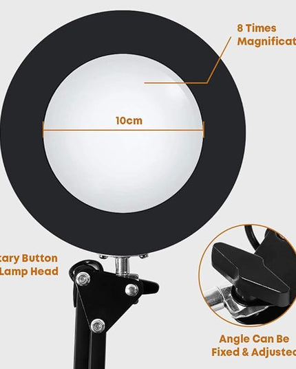 8X Magnifying Glass LED Light with Clamp, 12W Dimmable Magnifier Desk Lamp with 3 Light Colors 10 Brightness, 6.3″ Real Glass Lens, Adjustable Swivel Arm Magnifier Light for Reading Close Work Craft - LeafyLoom