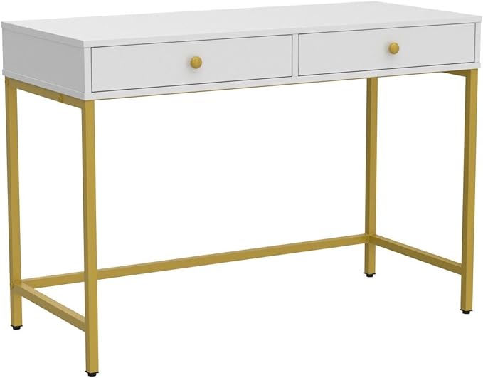 White-Vanity-Desk with 2 Drawers, White/Gold Home-Office-Desks Glossy Desktop Makeup-Vanity-Table Modern Writing Computer Standing Desk with Wood Top and Metal Frame for Home Office Bedroom Furniture - LeafyLoom