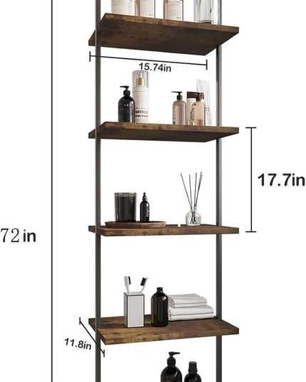 Ladder Shelf 5 Tiers Metal Industrial Bookshelf,Rustic Brown Wood Tall Open Storage Rack and Display Shelves,Wall Mount Wide Book Case for Home Office Bedroom,Small - LeafyLoom