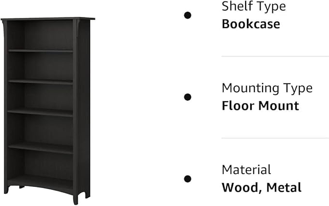 Bush Furniture Salinas 5 Shelf Bookcase, Tall Bookshelf for Living Room and Home Office - LeafyLoom