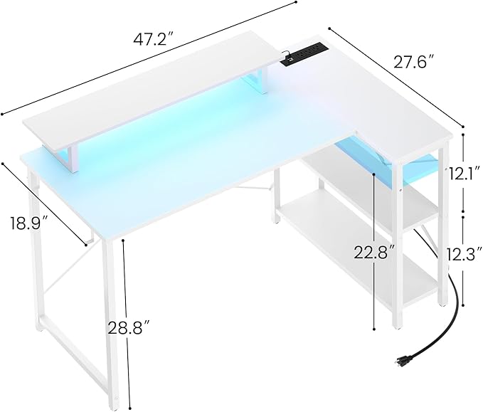 Homieasy L Shaped Gaming Desk with Power Outlet & LED Light, 47 Inch Computer Desk with Storage Shelves, Reversible Corner Desk with Monitor Stand Headset Hooks for Home Office, White - LeafyLoom
