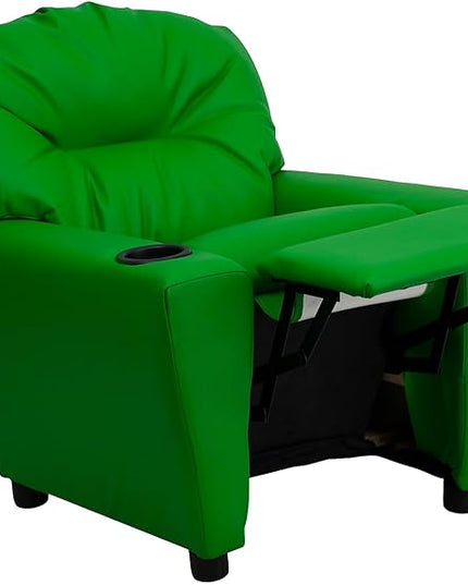 Flash Furniture Chandler Vinyl Kids Recliner with Cup Holder and Safety Recline, Contemporary Reclining Chair for Kids, Supports up to 90 lbs., Green - LeafyLoom
