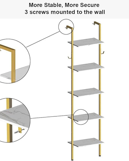 Modern Bookshelf Wall Mounted 5-Tiers Ladder Shelf Gold and White Wooden Bookcase Narrow Thin Bookshelf Open Display Storage Rack for Living Room Bedroom Home Office - LeafyLoom
