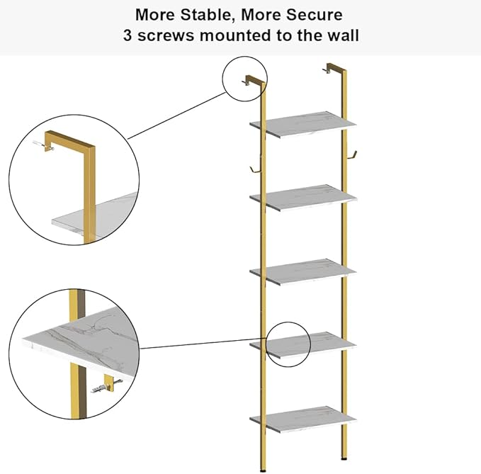 Modern Bookshelf Wall Mounted 5-Tiers Ladder Shelf Gold and White Wooden Bookcase Narrow Thin Bookshelf Open Display Storage Rack for Living Room Bedroom Home Office - LeafyLoom