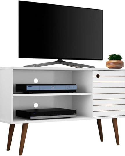 Manhattan Comfort Liberty Mid Century Modern TV Stand for Televisions up to 46 Inches, Bedroom and Living Room Entertainment Center with Storage, Shelves, and Cabinet, 43" Wide, White - LeafyLoom