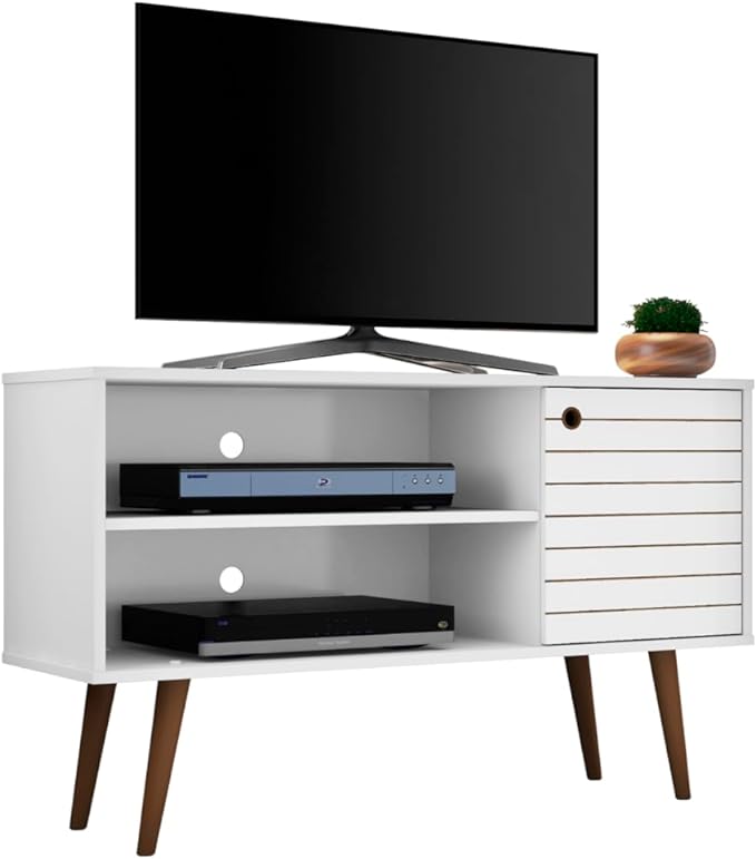 Manhattan Comfort Liberty Mid Century Modern TV Stand for Televisions up to 46 Inches, Bedroom and Living Room Entertainment Center with Storage, Shelves, and Cabinet, 43" Wide, White - LeafyLoom