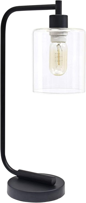 Simple Designs LD1036-BLK Bronson Antique Style Industrial Iron Lantern Desk Bedside Glass Shade Table Lamp, Black - LeafyLoom