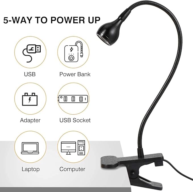 LED Desk Lamp, Ymiko USB Clip-on Reading Lights Eye Protection Book Clamp Light, 360 ° Flexible Gooseneck Clamp Lamp for Home Study Reading Kid's Room(Black) - LeafyLoom