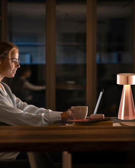 Portable Metal Desk Lamp,3-Color Touch Control, Rechargeable Battery - Ideal Bedside Lamp for Bedroom Nightstand (Rose Gold) - LeafyLoom