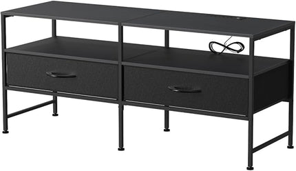 HEOMU Industrial TV Stand for 50 Inch Television Cabinet 3-Tier Console Table with Fabric Drawer, Entertainment Center Media Console Metal Frame for Living Room, Bedroom, Black - LeafyLoom