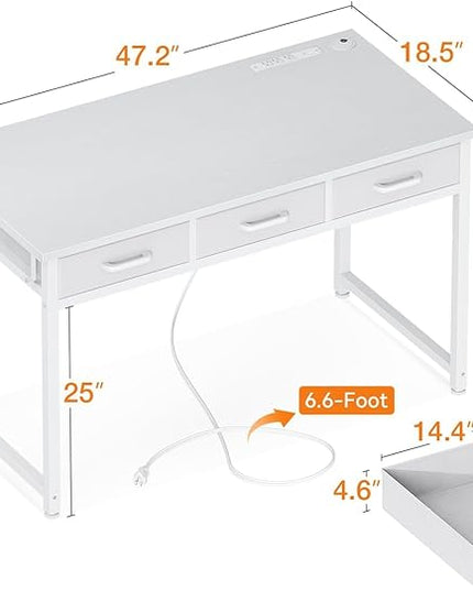 AODK Vanity Desk without Mirror, Makeup Vanity with 3 Fabric Drawers, White Vanity Desk Dressing Vanity Table with Charging Station, 48 Inch Large Girl Vanity, Desk Make Up Vanity for Girls, White - LeafyLoom