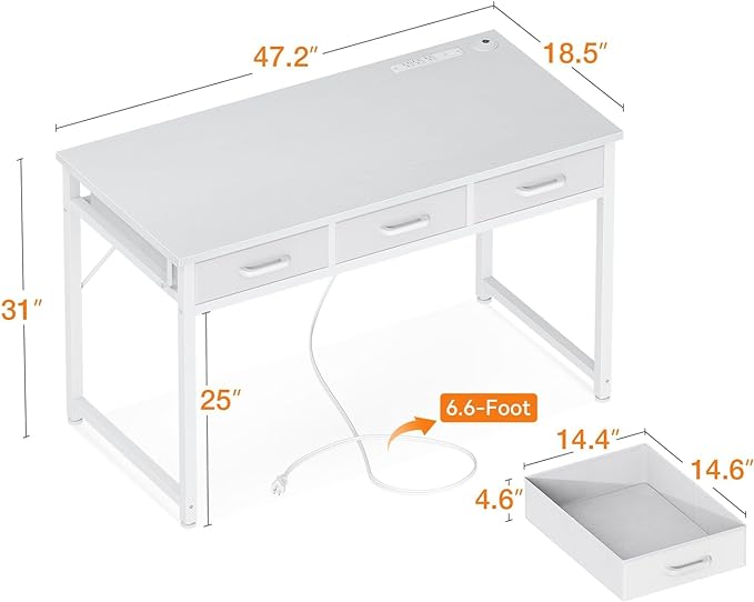 AODK Vanity Desk without Mirror, Makeup Vanity with 3 Fabric Drawers, White Vanity Desk Dressing Vanity Table with Charging Station, 48 Inch Large Girl Vanity, Desk Make Up Vanity for Girls, White - LeafyLoom