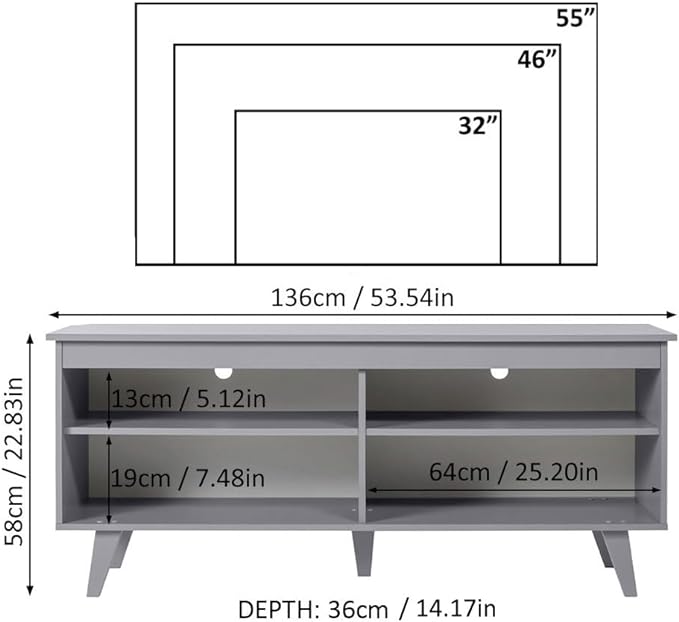 Madesa TV Stand Cabinet with 4 Shelves and Cable Management, Entertainment Center for TVs up to 55 Inches, Wooden, 23'' H x 15'' D x 53'' L – Grey - LeafyLoom