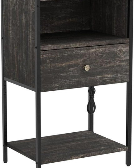 LDTTCUK Nightstand with Charging Station, Modern End Table with Drawer, Bedside Table with Open Storage for Bedroom, Retro Grey - LeafyLoom