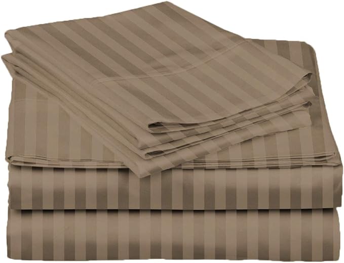 THREAD SPREAD Luxury Egyptian Cotton Full Stripe Sheet Set, 600 Thread Count Extra Long Staple 4 PC Set, Full Damask Sheets, Soft, Cooling Sateen Weave Striped Sheets Upto 18" Deep Pocket - Taupe - LeafyLoom