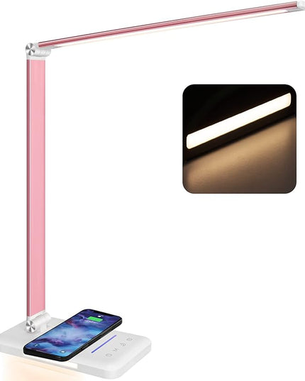 LED Desk Lamp with Night Light, Fast Wireless Charger, USB Charging Port, 10 Brightness, 5 Color Modes, Dimmable Bedside Table Lamp for Bedroom, Touch Control, Auto Timer, 1200Lux Super Bright - LeafyLoom