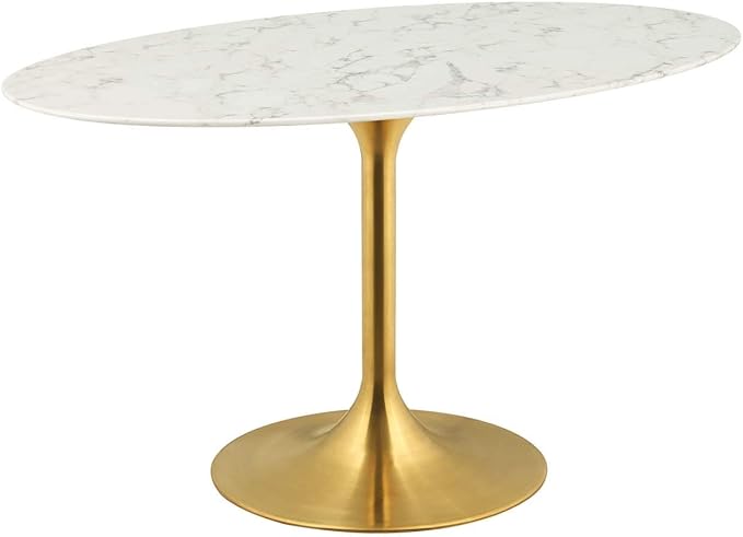 Modway Lippa 54" Oval-Shaped Mid-Century Modern Dining Table with Artificial Marble Top and Gold Base - LeafyLoom