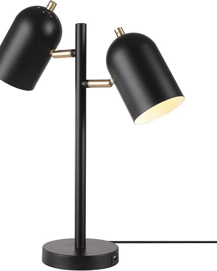 Globe Electric 52994 19" 2-Light Desk Lamp, Matte Black, Matte Brass Accents, 2.1A USB Port, On/Off Rotary Switch on Each Shade - LeafyLoom