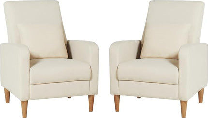 COLAMY Modern Accent Living Room Chairs Set of 2, Upholstered Fabric Armchair Reading Side Chair, Single Sofa with Back Pillow and Wood Legs, Beige - LeafyLoom