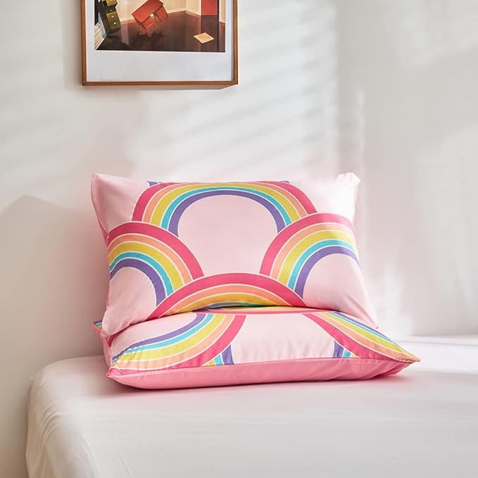 Feelyou Rainbow Glow in The Dark Comforter Set for Girls Kids Queen Pink Rainbow Bedding Set Super Soft Colorful Stripe Mermaid Scales Comforter Baby Girl Bedroom Pink Decor Bedding Quilted Duvet - LeafyLoom