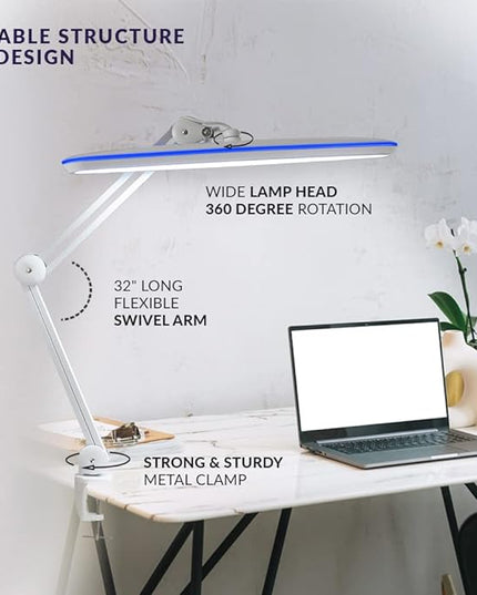Neatfi XL 2,200 Lumens LED Task Lamp, 24W, 117 Pcs SMD LED, 23 Inches Ultra Wide Lamp, 4 Level Brightness Dimmable, Eye-Caring LED Lamp, Glare Free (Non-CCT with Clamp, White) - LeafyLoom
