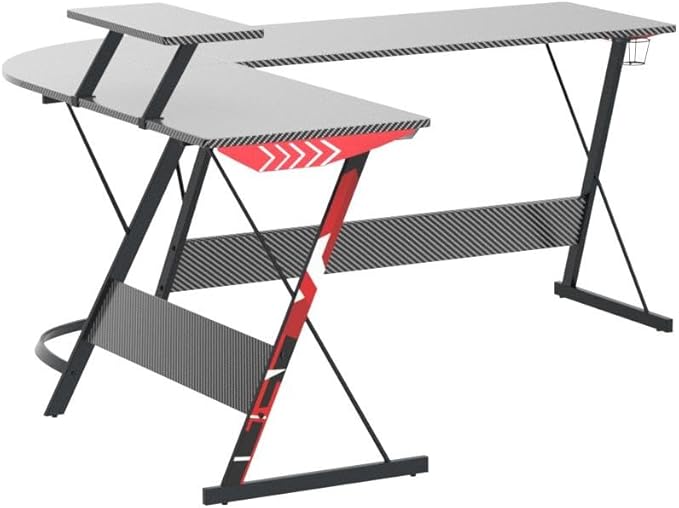 MOTPK L Shaped Gaming Desk 58 Inch, Gaming Computer Desk L Shape with Carbon Fiber Surface, Gamer Desk Gaming Table with Monitor Shelf, Cup Holder & Headphone Hook, Black - LeafyLoom