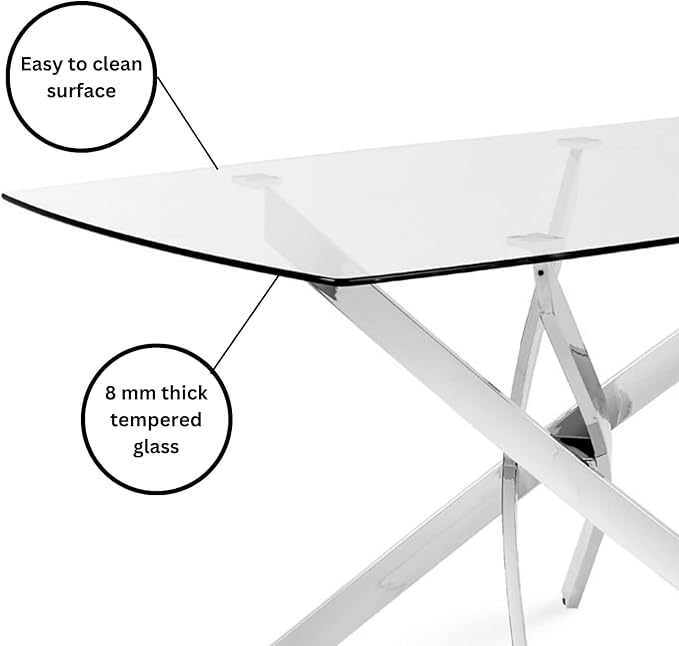 Uptown Club Glass Dining Table with Versatile Rectangular Designs, Tempered Surfaces, and Sturdy Bases for Modern Homes, Seats 4 to 8 People, Elegant Statement Piece, 51" x 32" Metallic - LeafyLoom