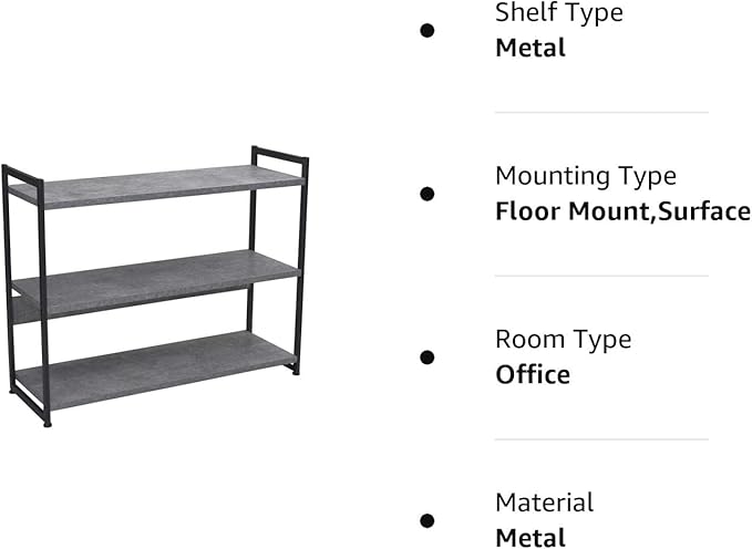 Household Essentials 3 Tier Storage Shelf with Minimalist Metal Frame | 40.5" W x 32.5" H x 13.75" D | Slate Faux Concrete, Grey - LeafyLoom