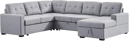 LOVMOR Living Room U Shape Large Sectional Sofa with Pull Out Sleeper Bed, Storage Chaise, Corner Couch with Arms and 2 Cup Holder for Home Furniture, Apartment, Dorm, Light Gray, 90 Inch - LeafyLoom