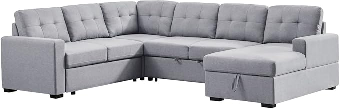 LOVMOR Living Room U Shape Large Sectional Sofa with Pull Out Sleeper Bed, Storage Chaise, Corner Couch with Arms and 2 Cup Holder for Home Furniture, Apartment, Dorm, Light Gray, 90 Inch - LeafyLoom
