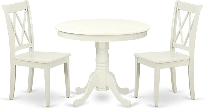 East West Furniture ANCL3-LWH-W Antique 3 Piece Kitchen Set for Small Spaces Contains a Round Dining Room Table with Pedestal and 2 Solid Wood Seat Chairs, 36x36 Inch - LeafyLoom
