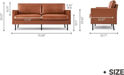 70" Top-Grain Leather Sofa, 2-Seat Upholstered Loveseat Sofa Modern Couch, Luxury Classic for Living Room Bedroom Apartment Office (Brown) - LeafyLoom