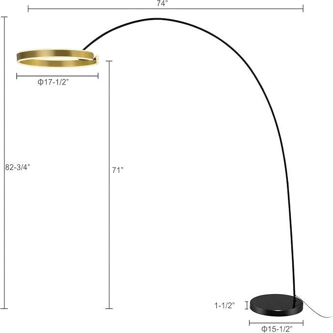 Contemporary 81" Tall LED Overreaching Sofa Arched Floor Lamp with Remote Control - Modern Standing Corner Light, Gold Metal Shade, Real Marble Base - Ideal for Bedrooms and Living Room Décor - LeafyLoom