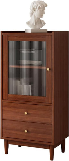 Wooden Glass Door Bookcase - 2-Tier Cube Bookshelf Storage Cabinet with Double Drawer and Adjustable Shelf, Solid Wood Legs Cupboard in Dark Walnut - LeafyLoom