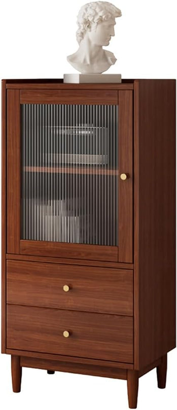 Wooden Glass Door Bookcase - 2-Tier Cube Bookshelf Storage Cabinet with Double Drawer and Adjustable Shelf, Solid Wood Legs Cupboard in Dark Walnut - LeafyLoom