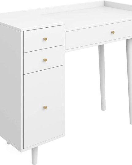 Nathan James Daisy Vanity Dressing Table or Makeup Desk with 4-Drawers and Brass Accent Knobs, White Wood - LeafyLoom