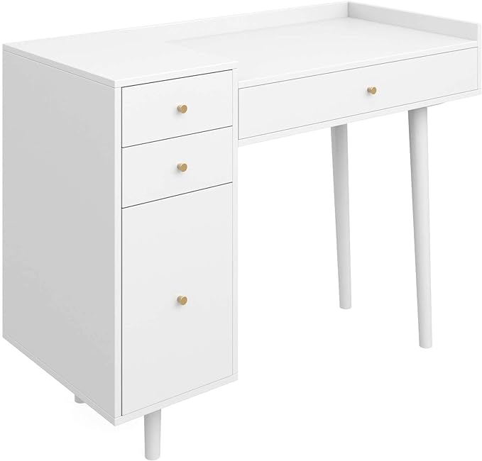 Nathan James Daisy Vanity Dressing Table or Makeup Desk with 4-Drawers and Brass Accent Knobs, White Wood - LeafyLoom